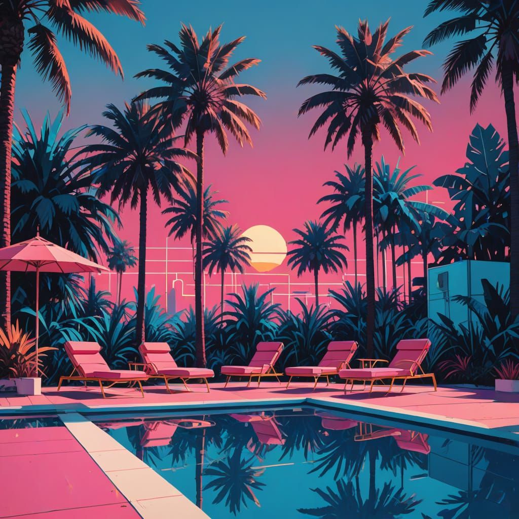 Starry night Poolside scene, loungers and palm trees, in a v...