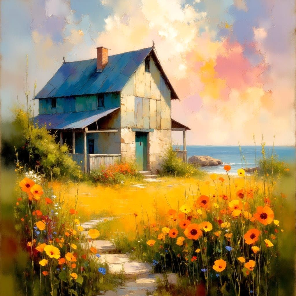 Serene Countryside Scene with Ocean View and Vibrant Sunset