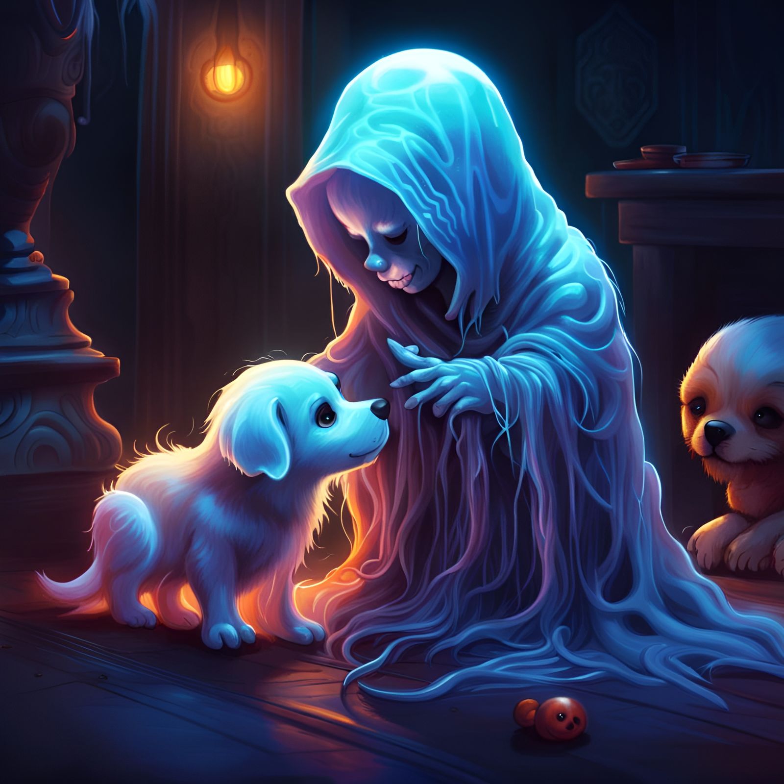 Cute Ghost and Puppy in Hyperdetailed Concept Art