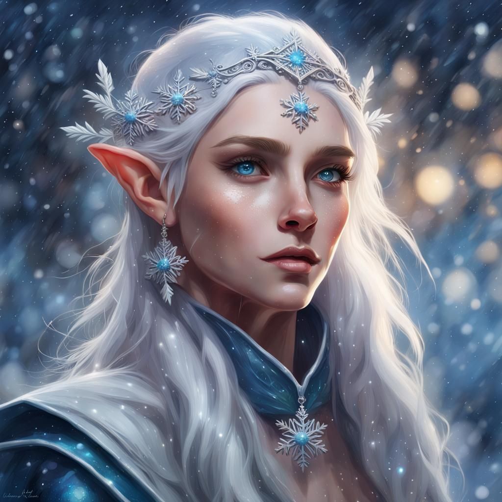 Icy Elf Portrait with Silver and Snowflake Adornments