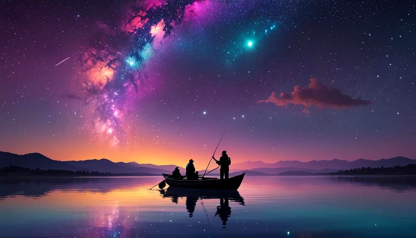 Fisherman Observes Cosmic Night Sky as Digital Art
