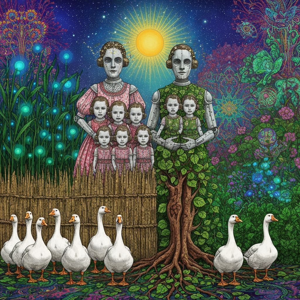Folkloric Robot and Geese in Surreal Eco-Art Garden