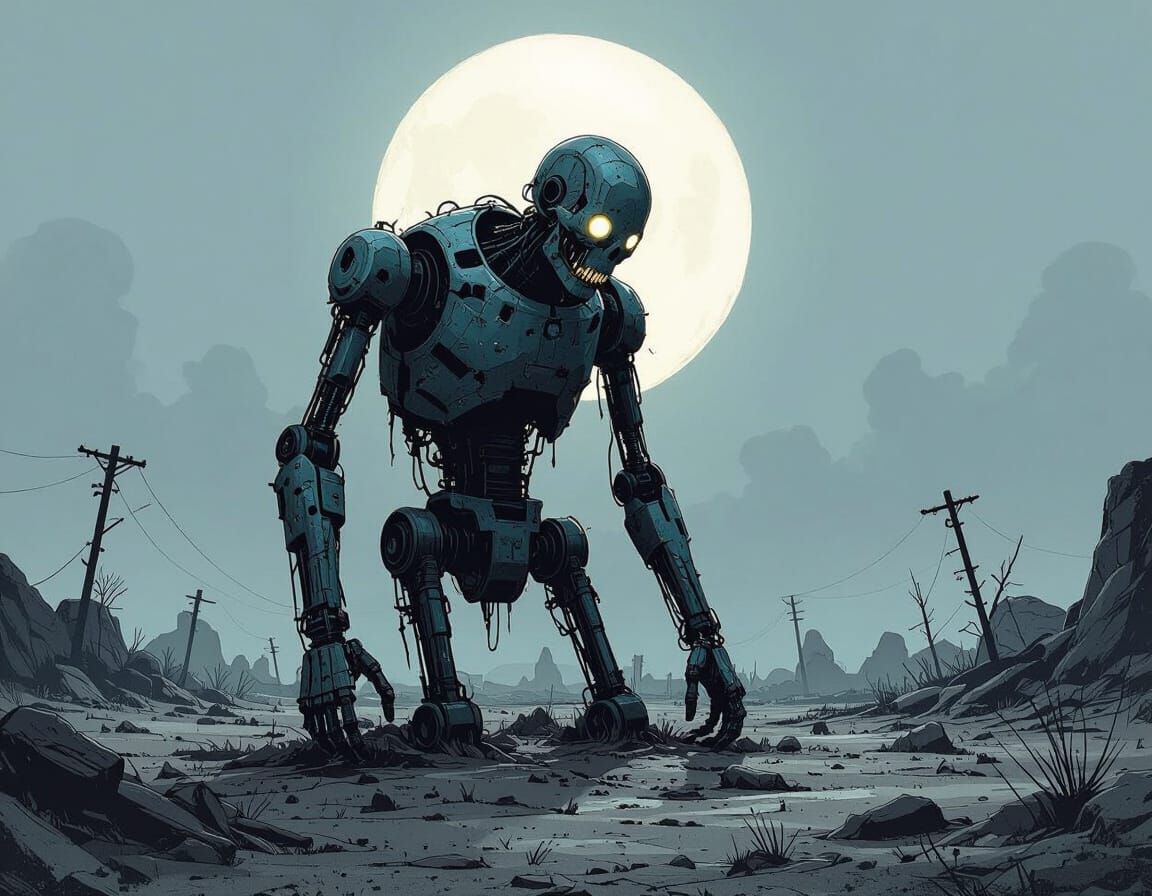 Mutant Mechanical Man in Desolate Wasteland