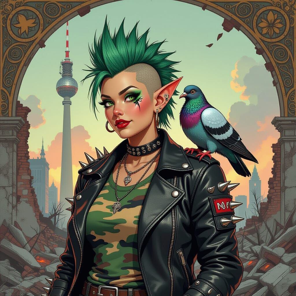 Punk Elf in Berlin Ruins with Metallic Pigeon