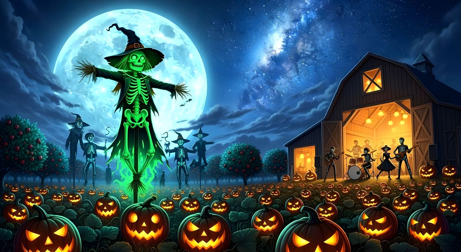 Spectral Scarecrows Guarding Pumpkin Patch Under Harvest Moo...