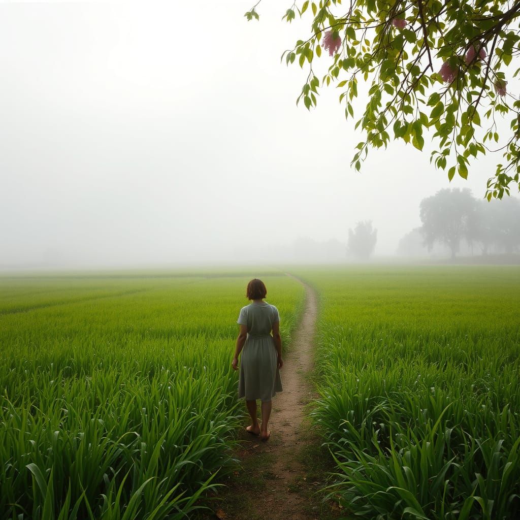 Lush Spring Landscape on a Rainy Day in Impressionist Style
