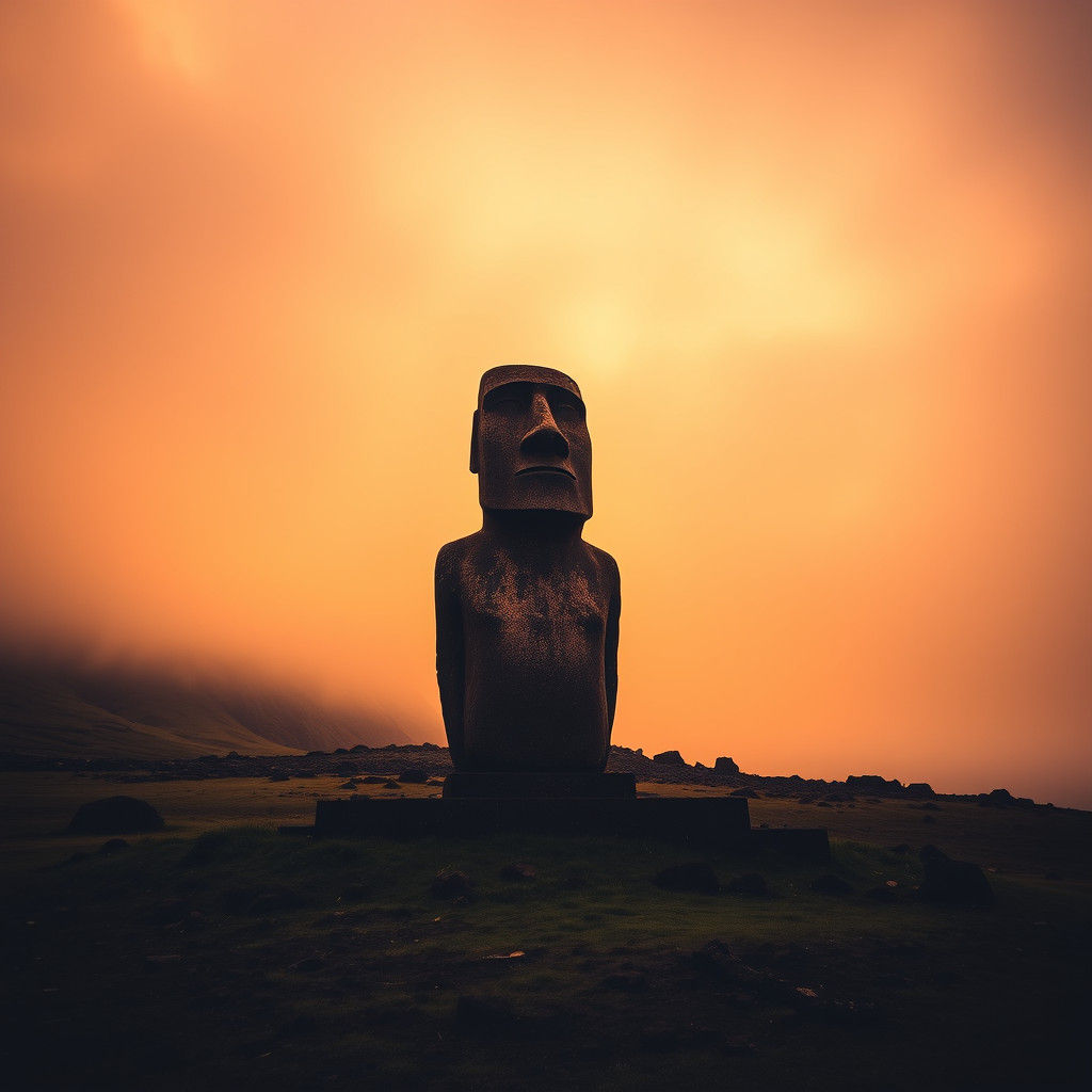 Moai Statue Silhouetted at Sunset on Easter Island