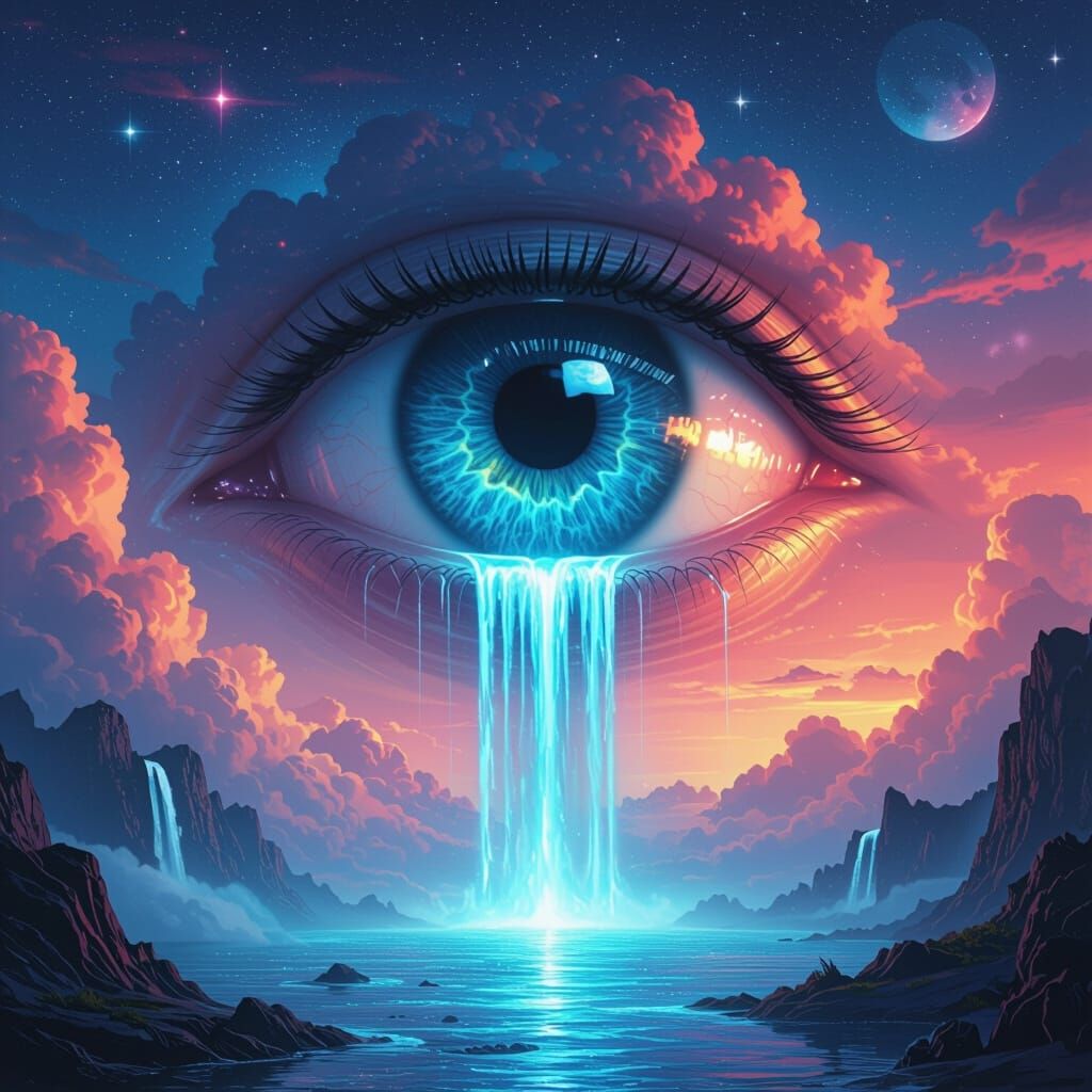 Crying Eye Waterfall in a Surreal Neon Sky