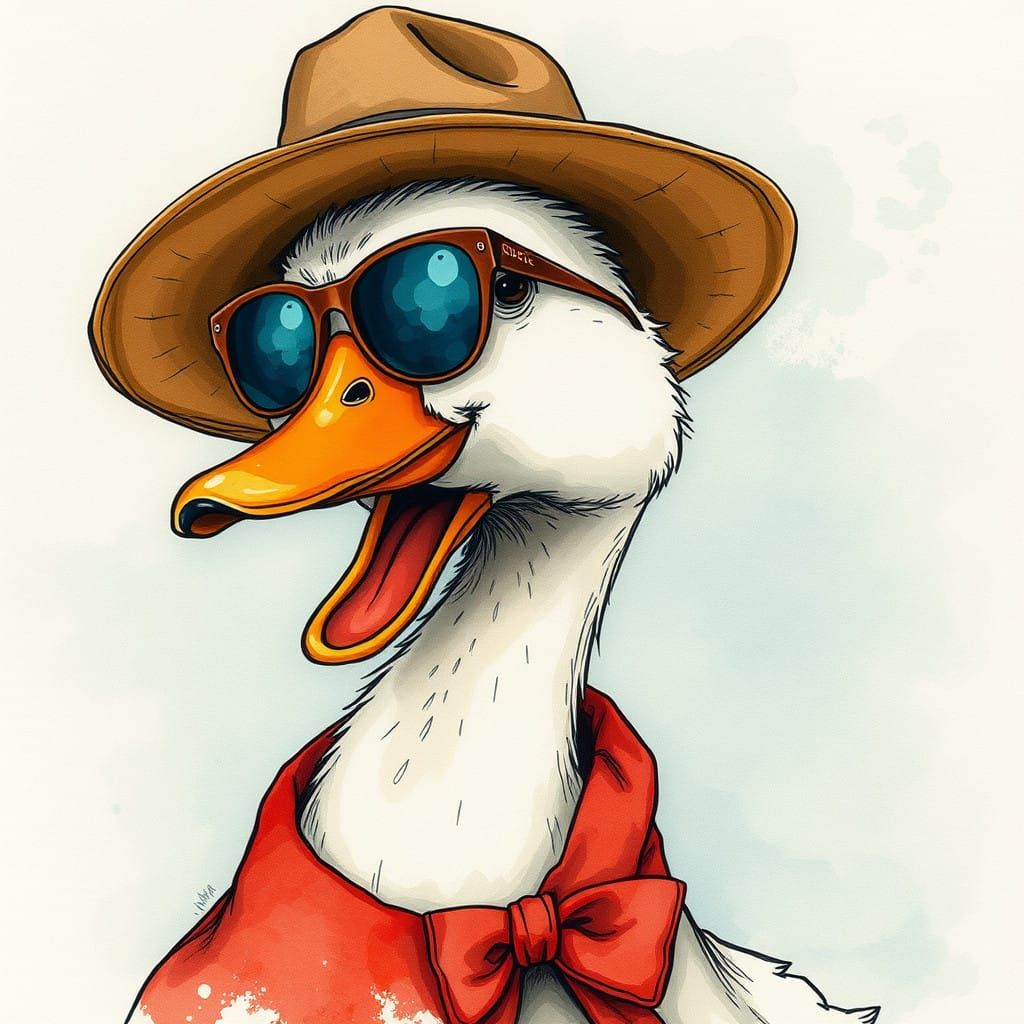Surreal Duck Portrait in Vintage Watercolor Style