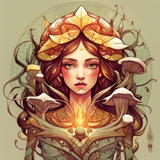 Mushroom Princess with Golden Outlines, Digital Art