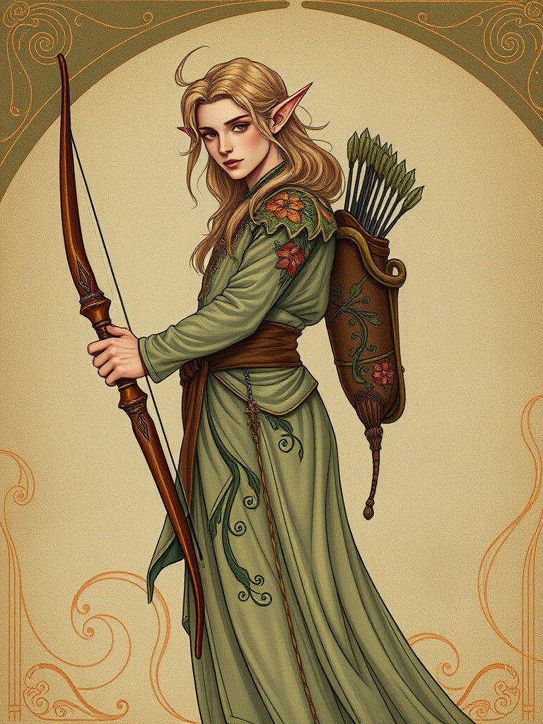 Elegant Elf Archer in Art Nouveau Style