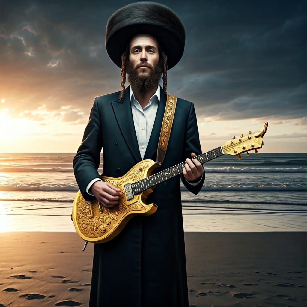 Orthodox Jew Plays Guitar on Beach, Detailed Digital Art