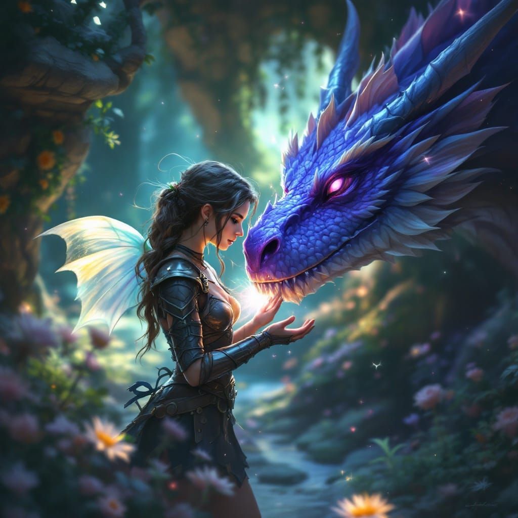 Heroine and Dragon in Magical Landscape