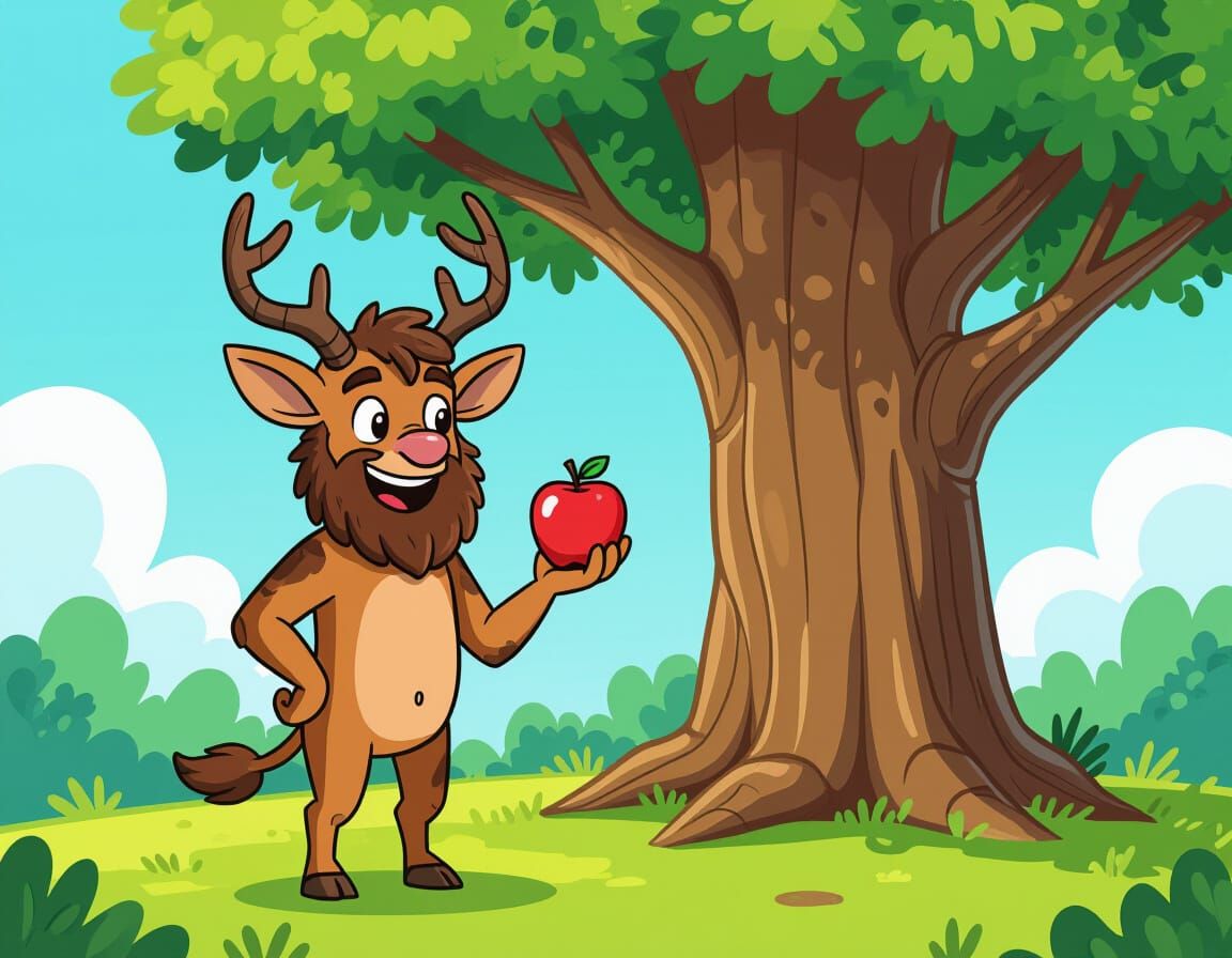 Faun-Man with Apple by Oak Tree in 2D Cartoon Style
