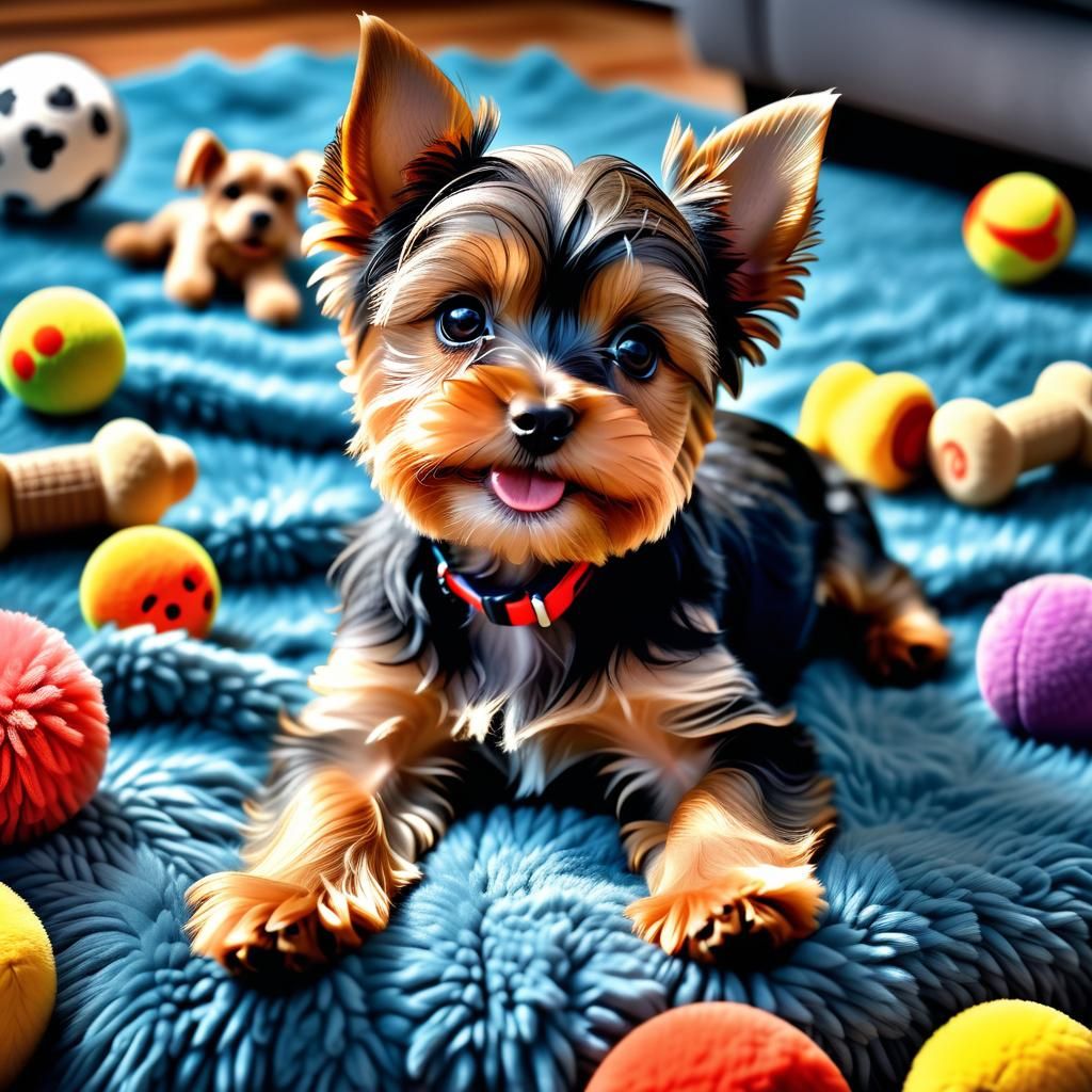 Yorkshire Terrier Puppy Plays with Toys: Hyperrealistic HDR