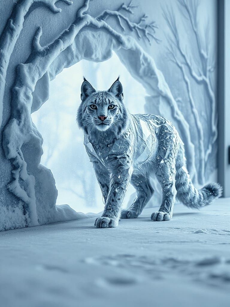 Crystalline Lynx Emerging From Frosted Mural