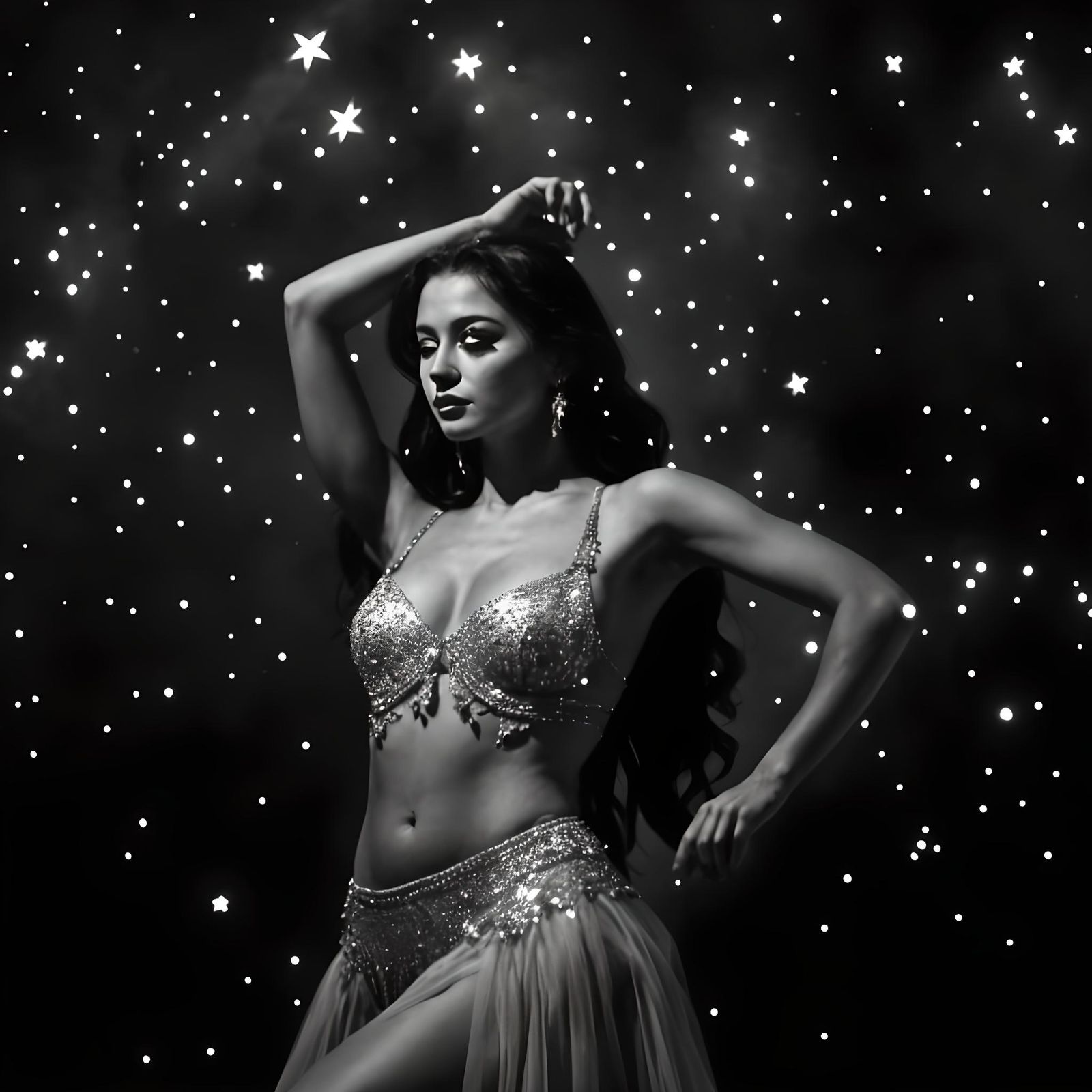 Noir Belly Dancer Silhouette Under Moonlight