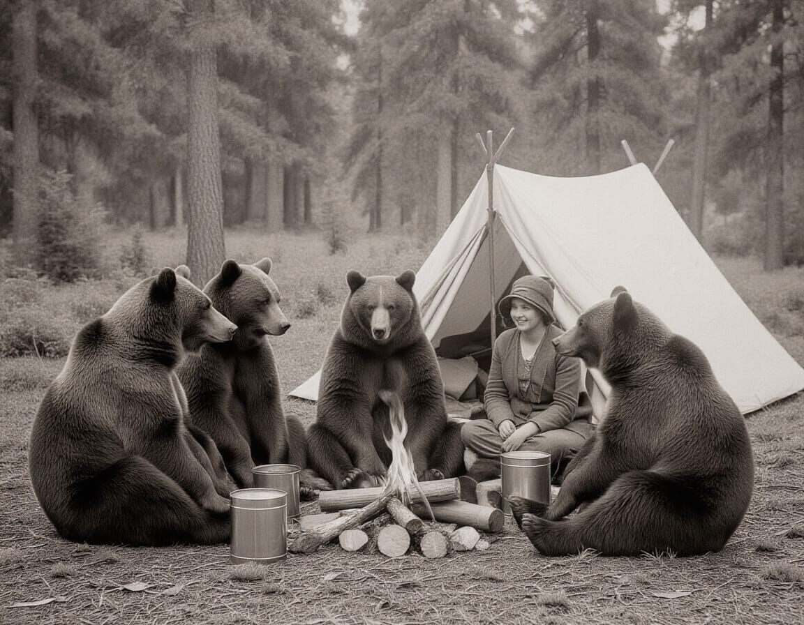 Bears Camping with Humans in 1900s Style Photograph