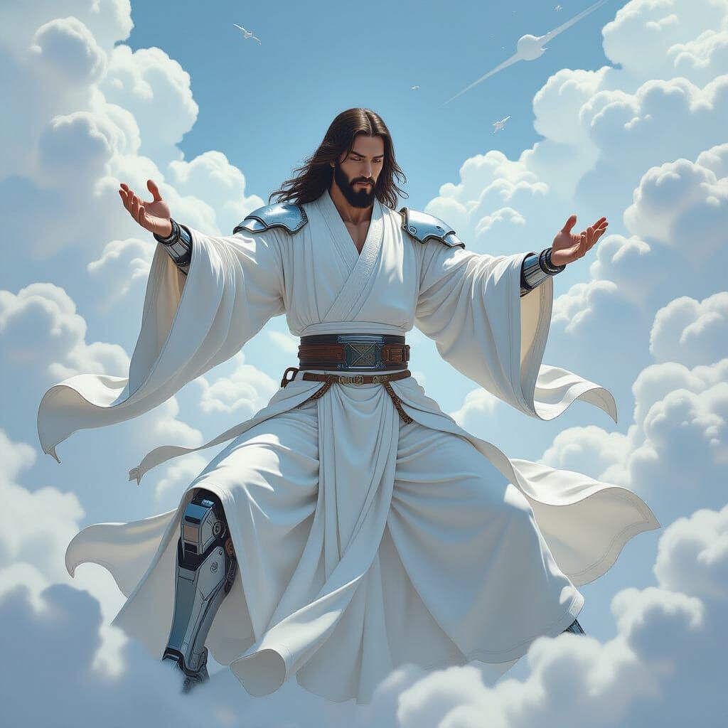 Cyborg Jesus in Heavenly Clouds Performing Tai Chi
