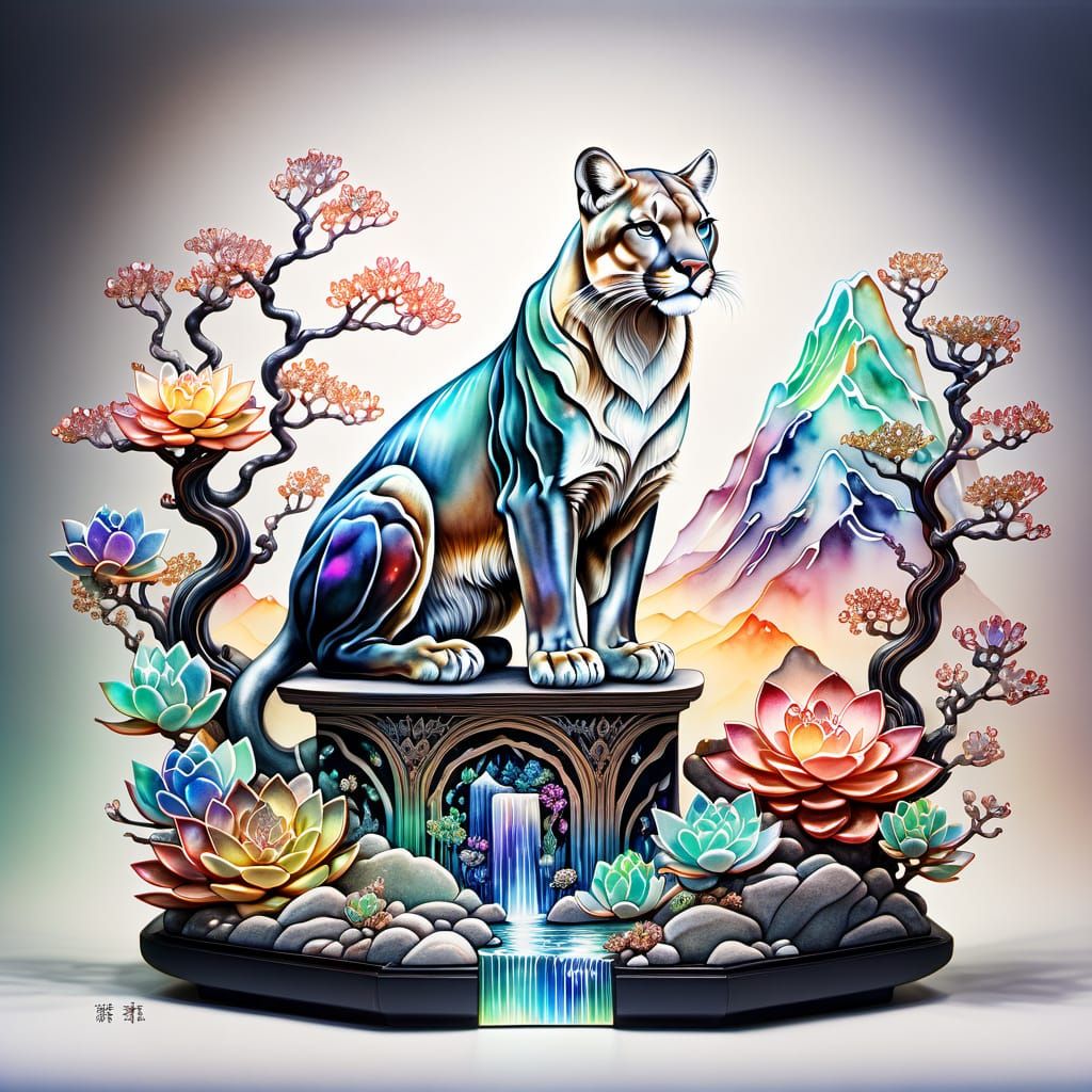 Mountain Lion in Whimsical Japanese Ink Wash