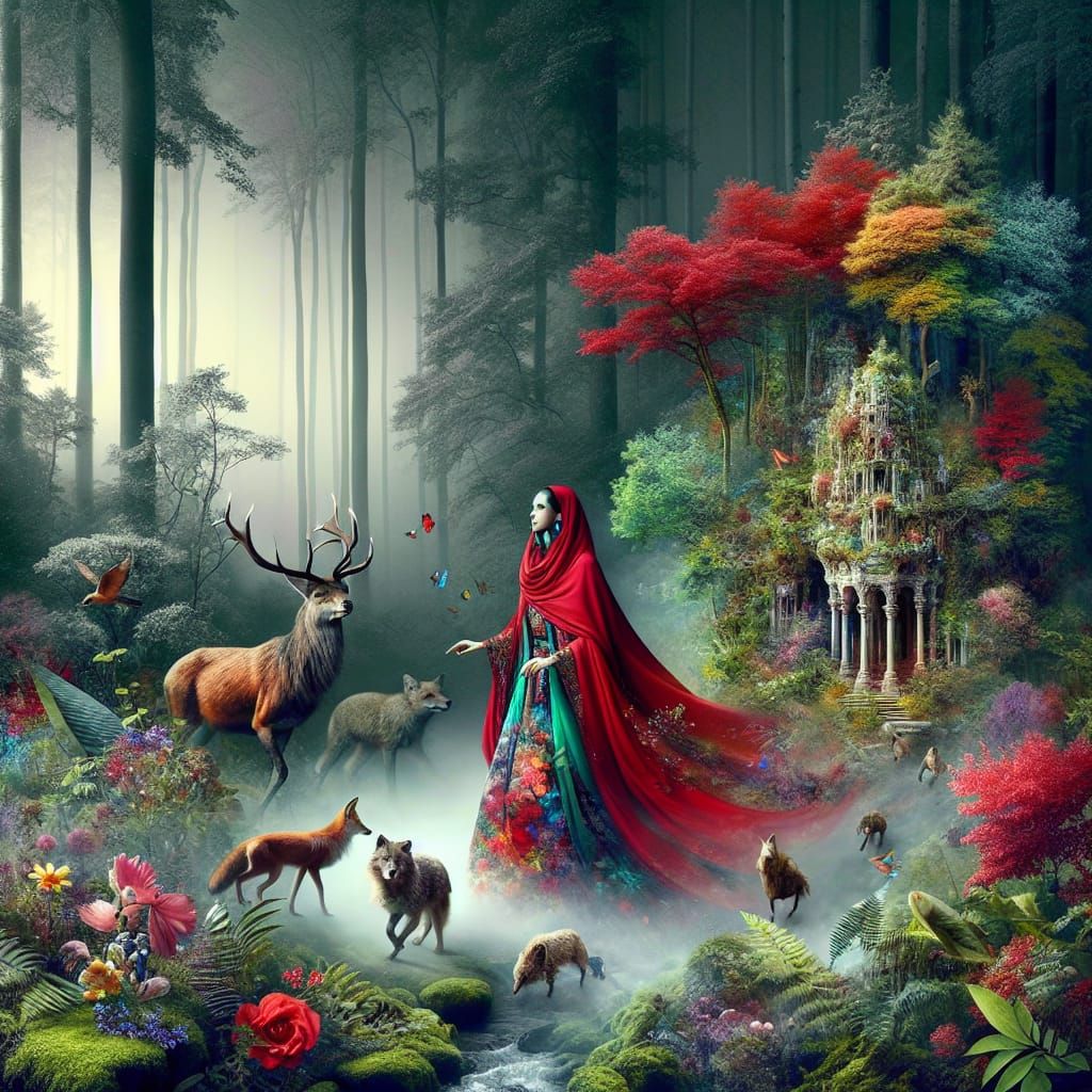 Vibrant Witch Emerges from Enchanted Forest in Hyperrealisti...