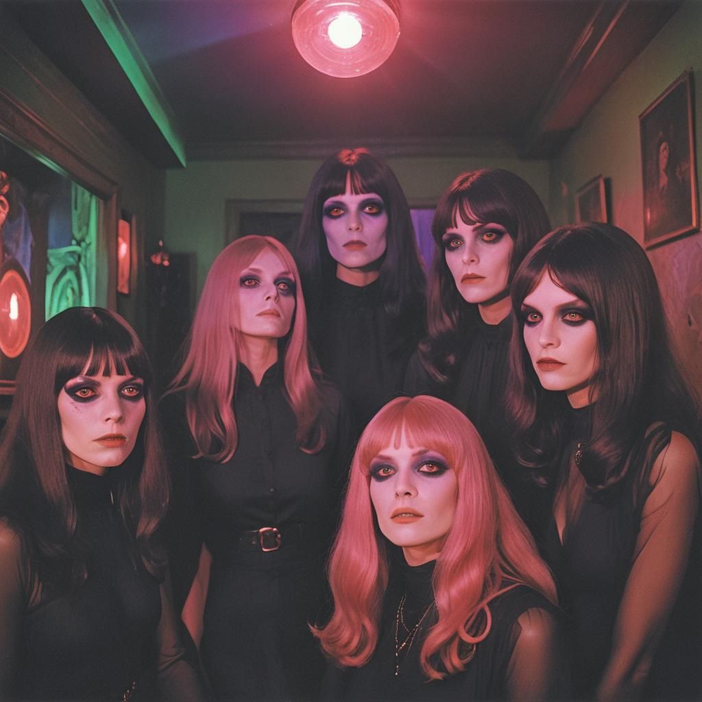 Pink Gel-lens lighting; Retro 1970s babes; Crepuscular 1970s psychedelic seance scene; witchy haircuts and elaborate bla...