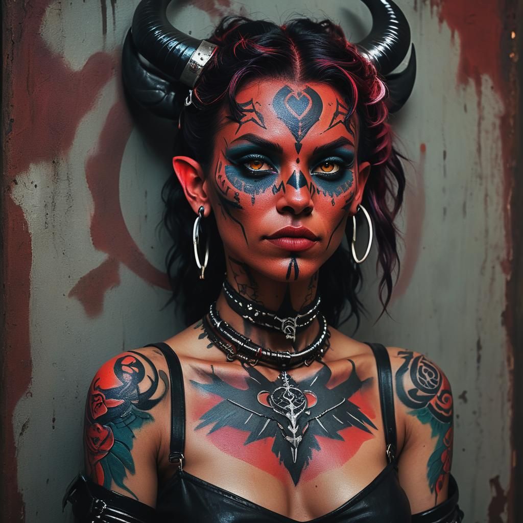 Tiefling with Raven in Synthwave Neon Retro Style