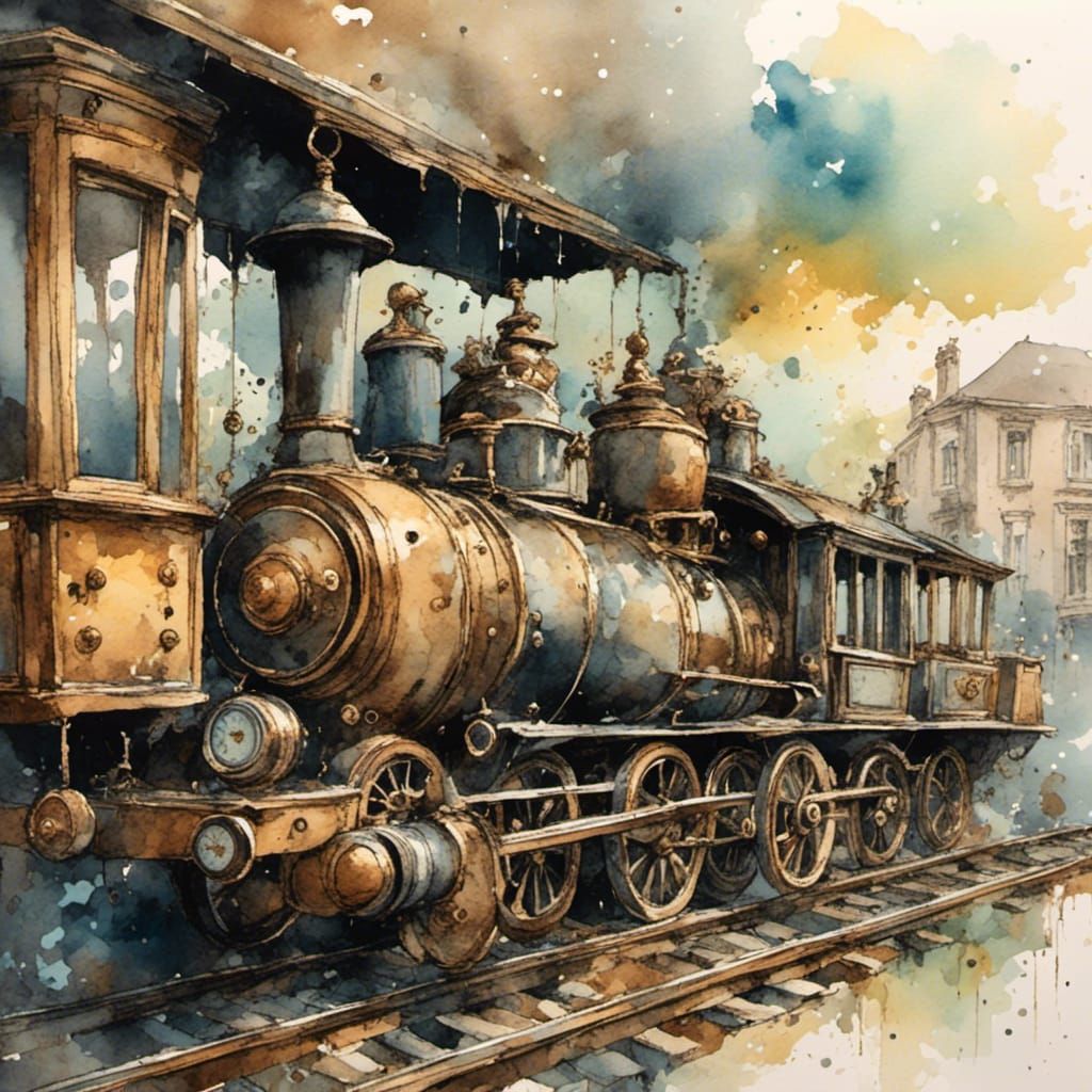 <lora:azuren:1.0>Close-up old train with steampunk watercolo...