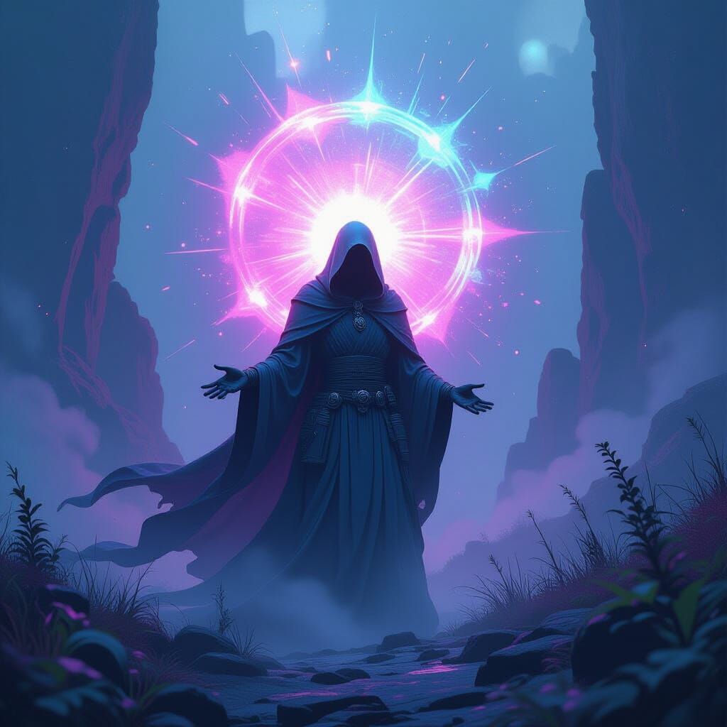 Mystical Being in Dreamlike Iridescent Landscape