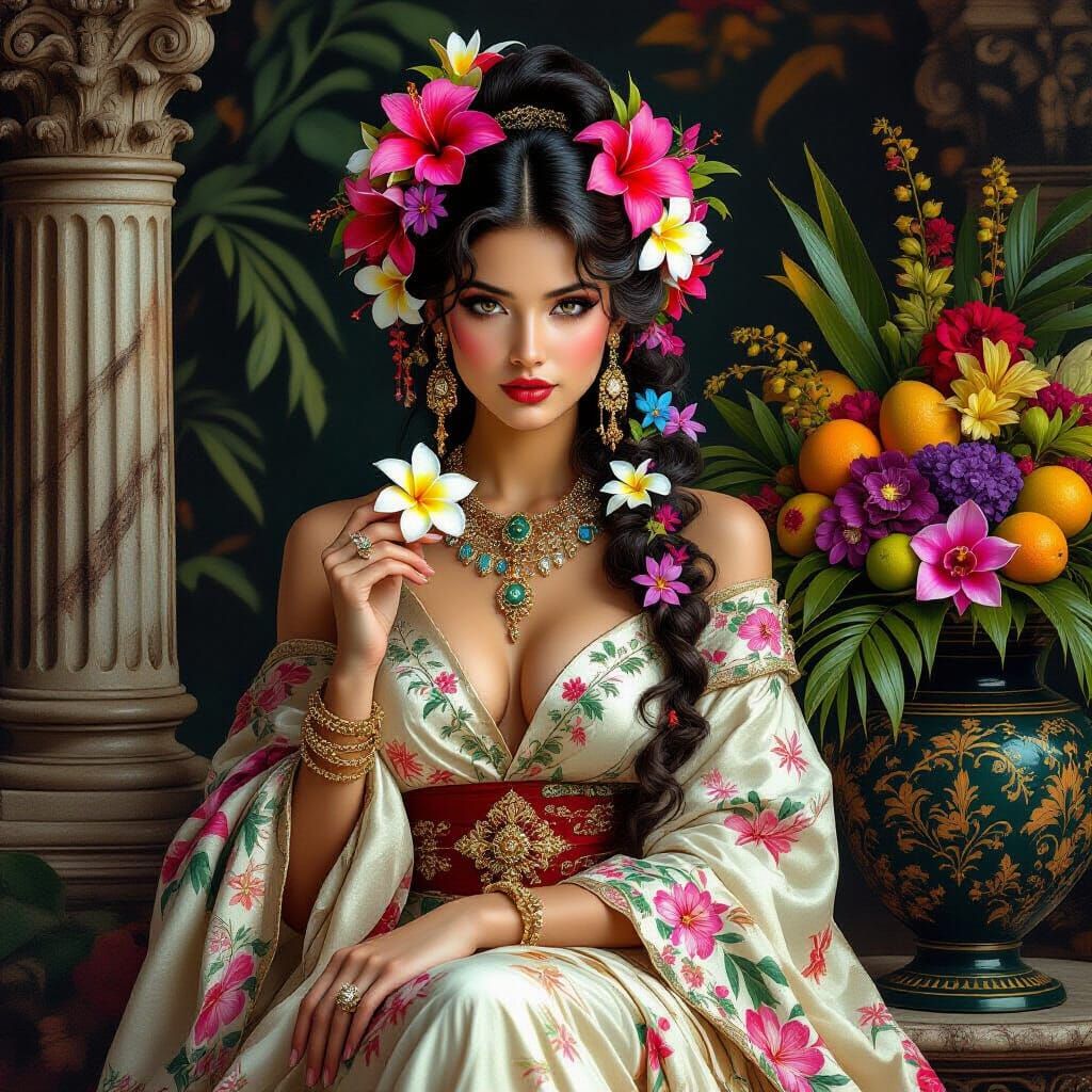 Tropical Nymph with Hibiscus, Orchids and Plumeria