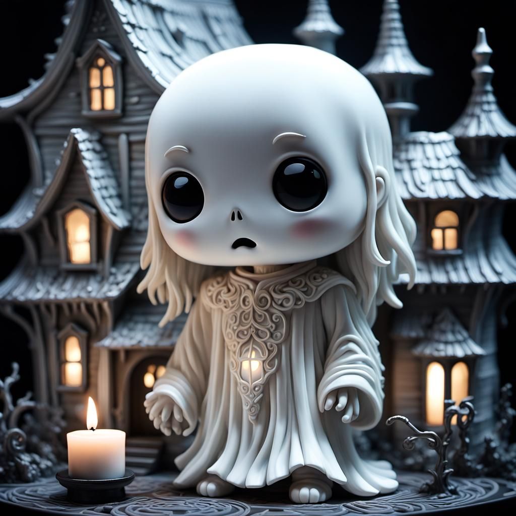 Chibi Ghost Sculpture in Front of Haunted House