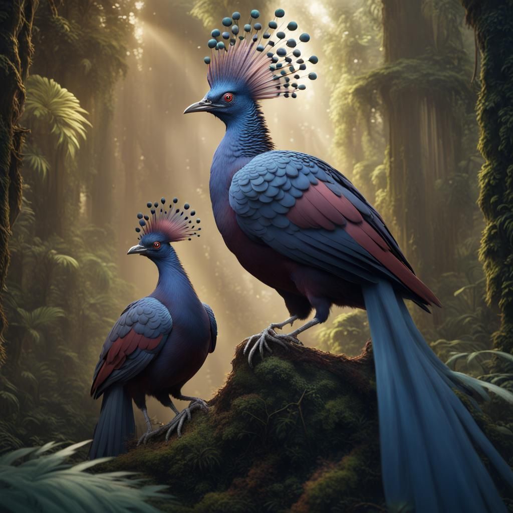 Fantastical Victoria Crowned Pigeon Lyrebird Hybrid