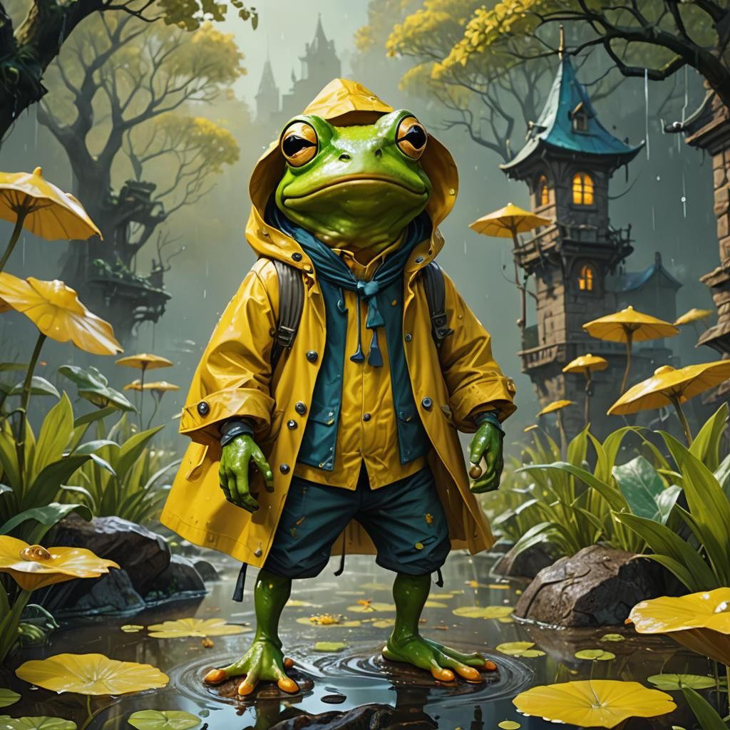 Anthropomorphic Frog in Yellow Raincoat Fantasy Art