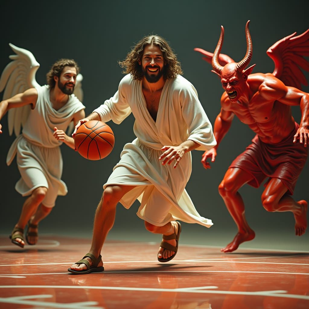 Jesus and Satan playing basketball