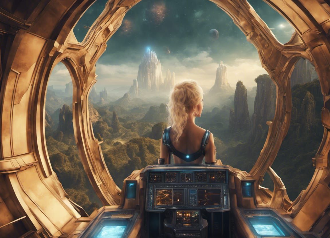 Starship Bridge with Blonde Explorers: Fantasy Concept Art