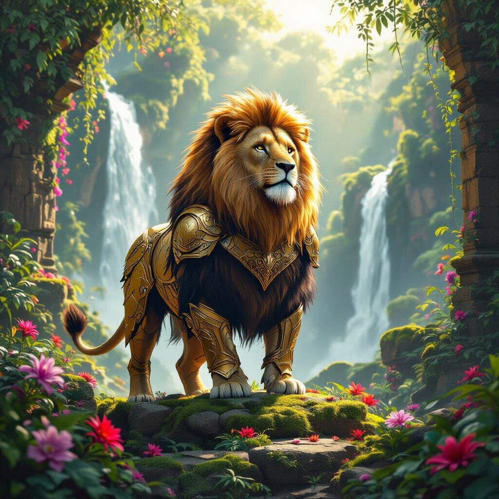 Lion in Golden Armor on Ancient Ruins