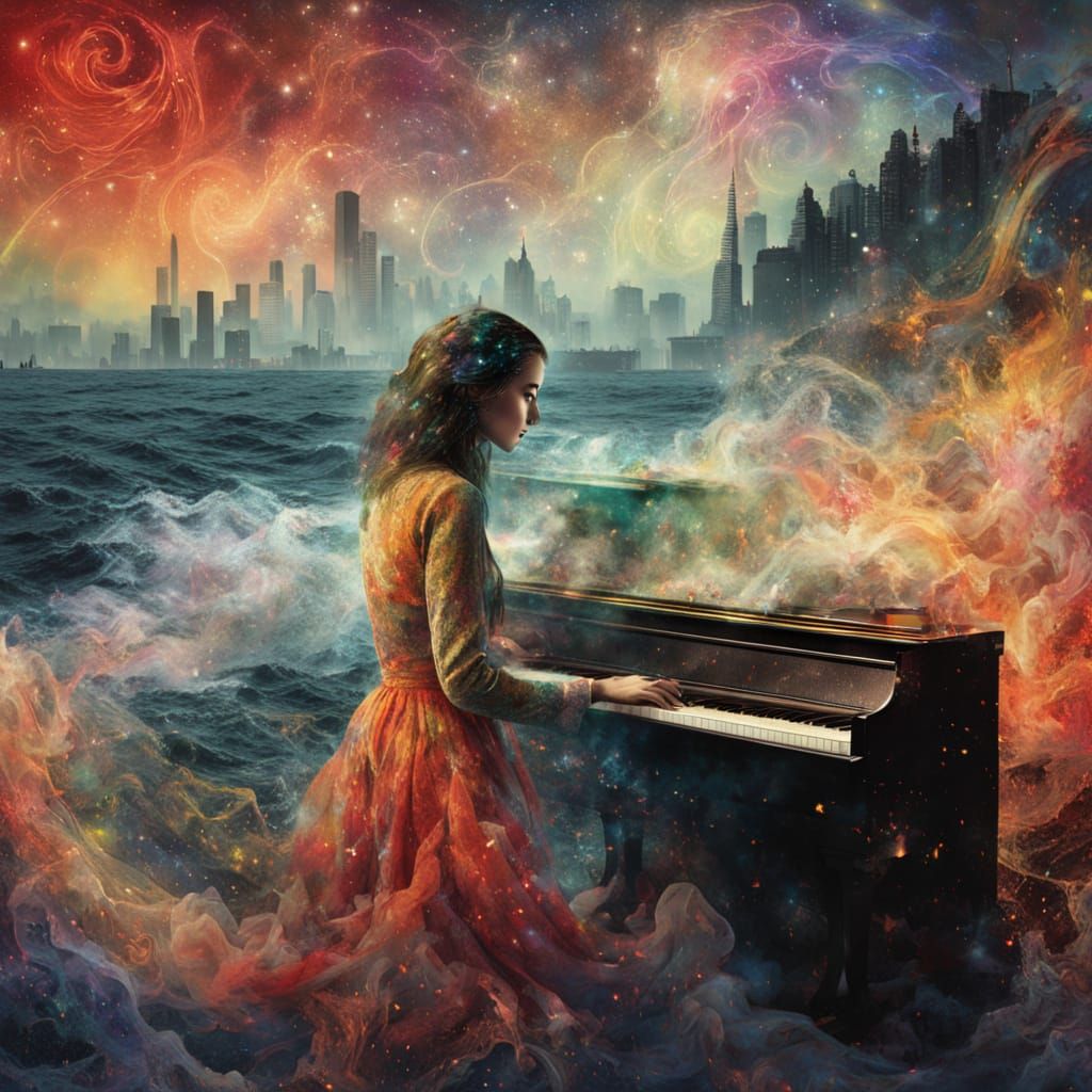 Woman with Flaming Hair on Warped Grid Beach