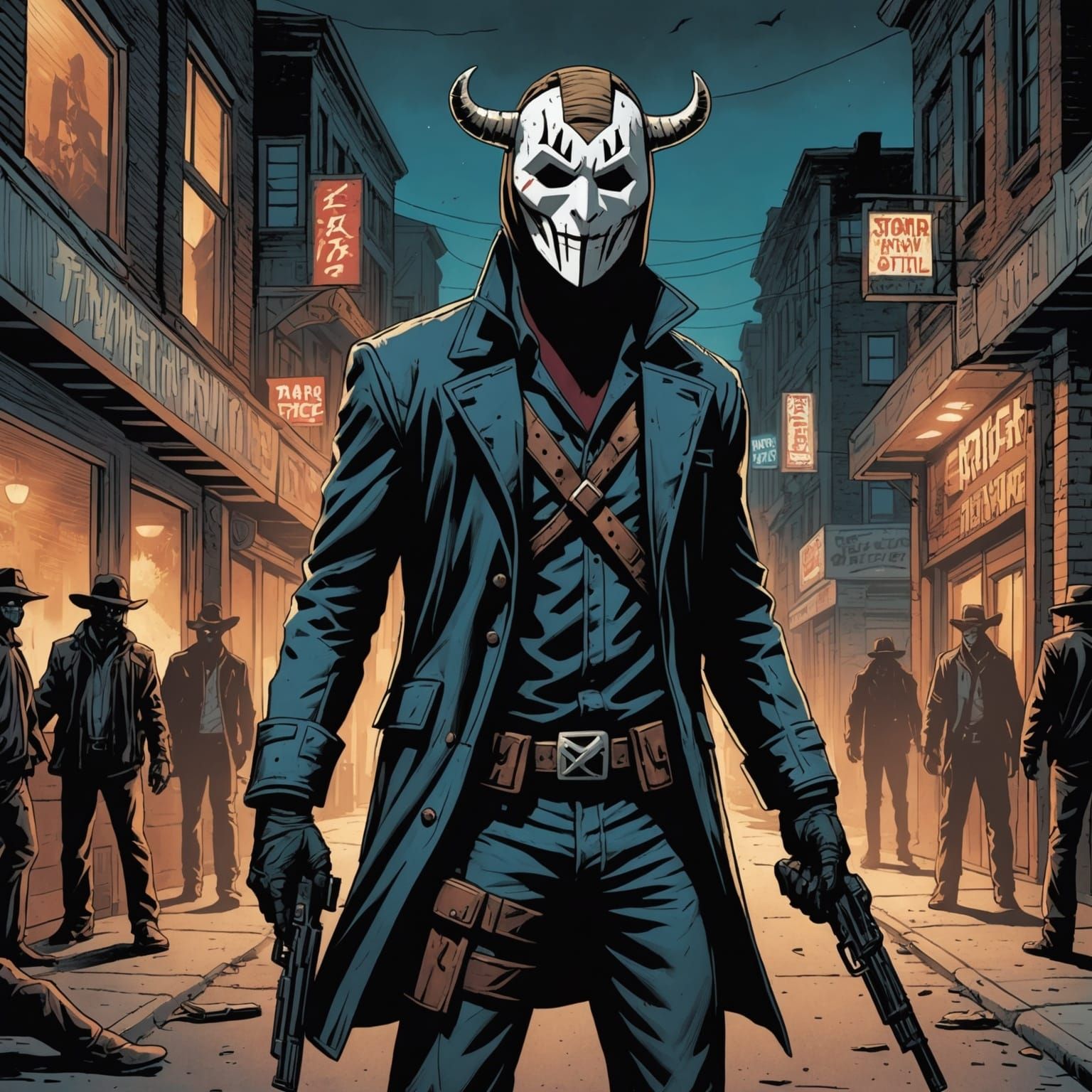 Masked Figure with Pistols in Dark Comic Art