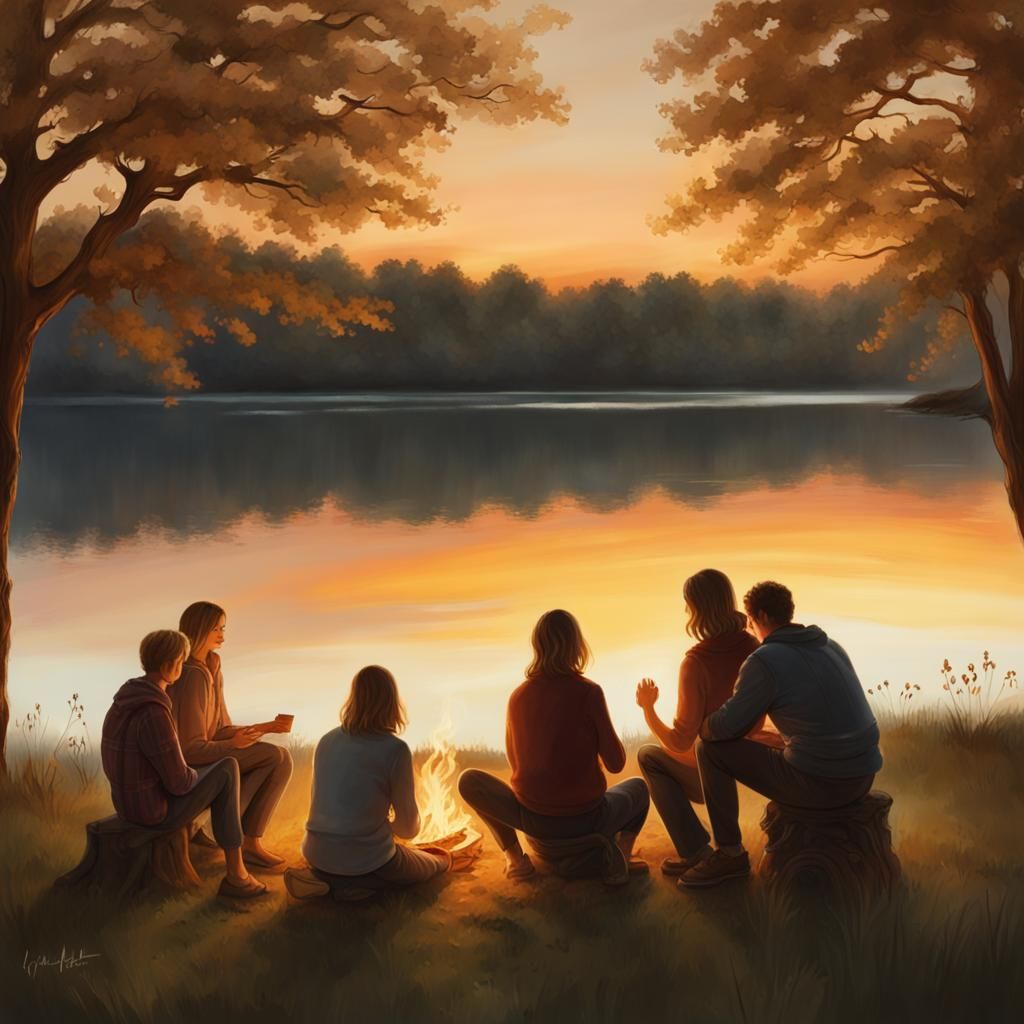 Lakeside Sunset Bonfire: A Digital Art Portrait