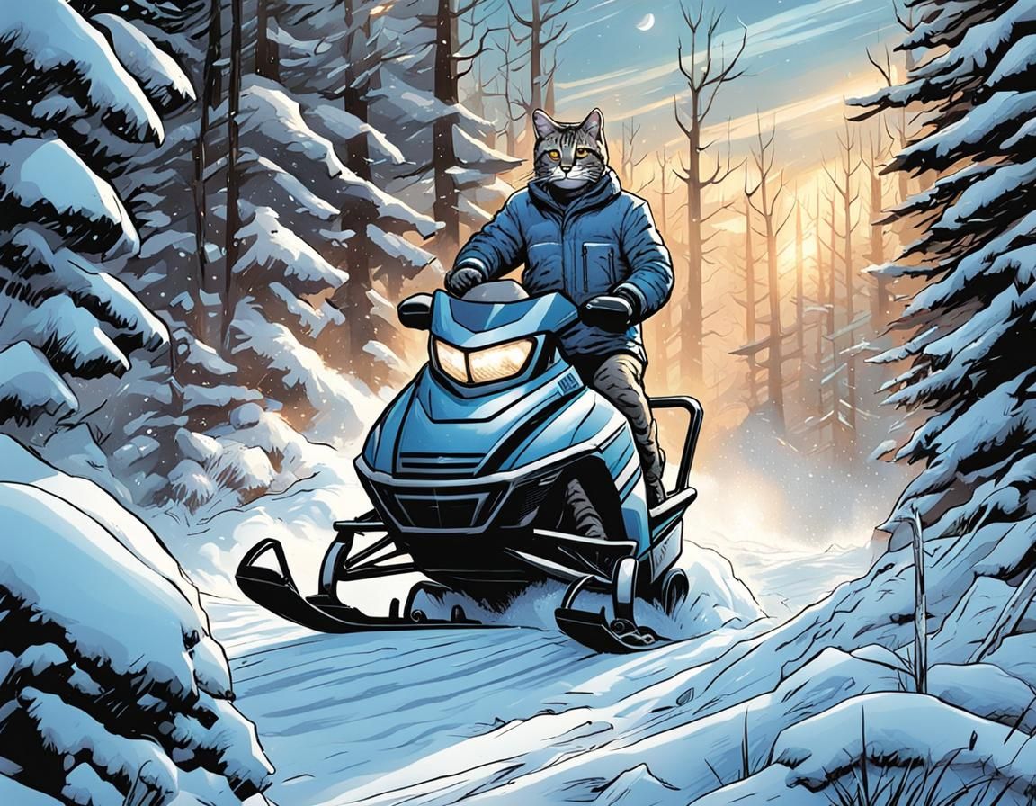 Grey tabby cat snowmobiling