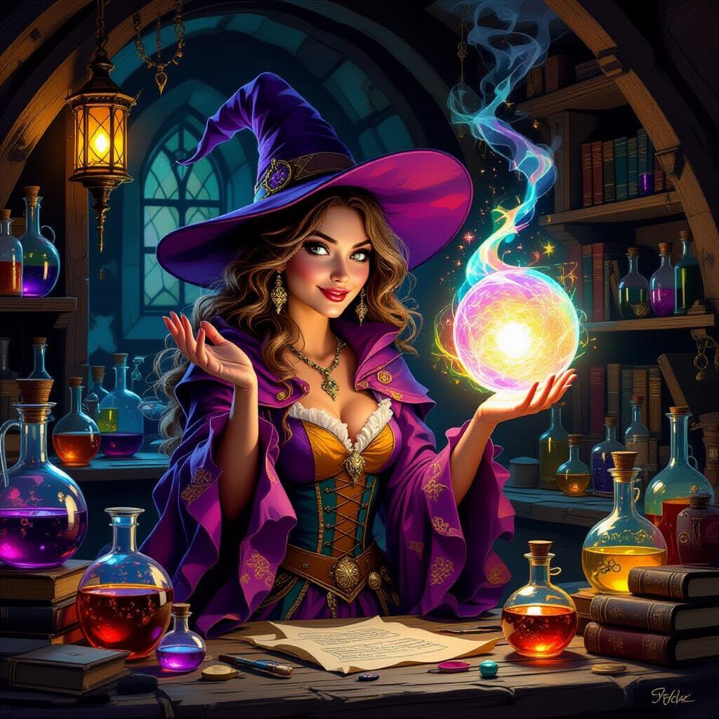 Whimsical Sorceress Conjuring Orb in Alchemist Workshop