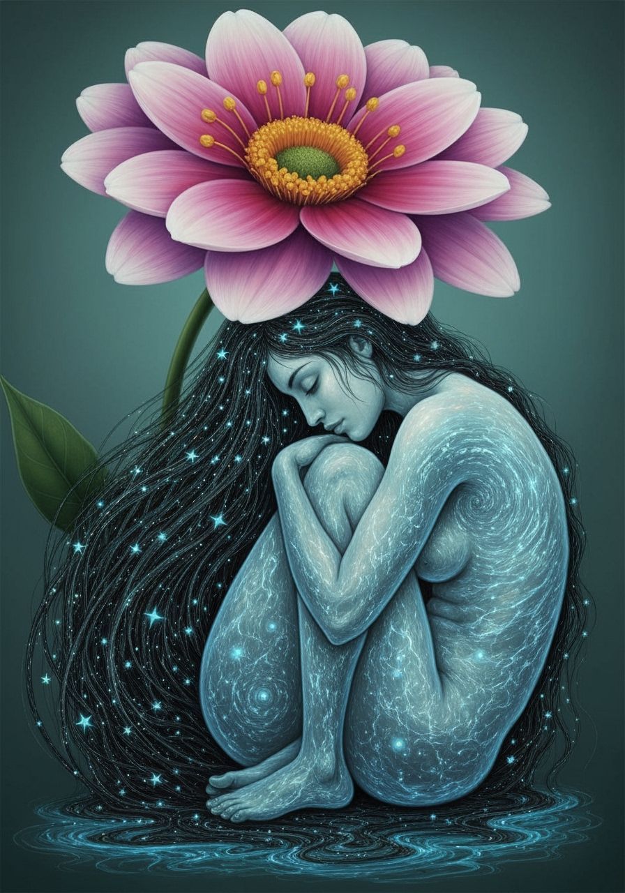Surreal Woman Under Star-Woven Flower with Ethereal Glow