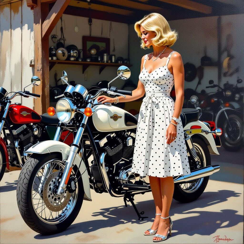 Woman in White Dress Admiring Motorbike