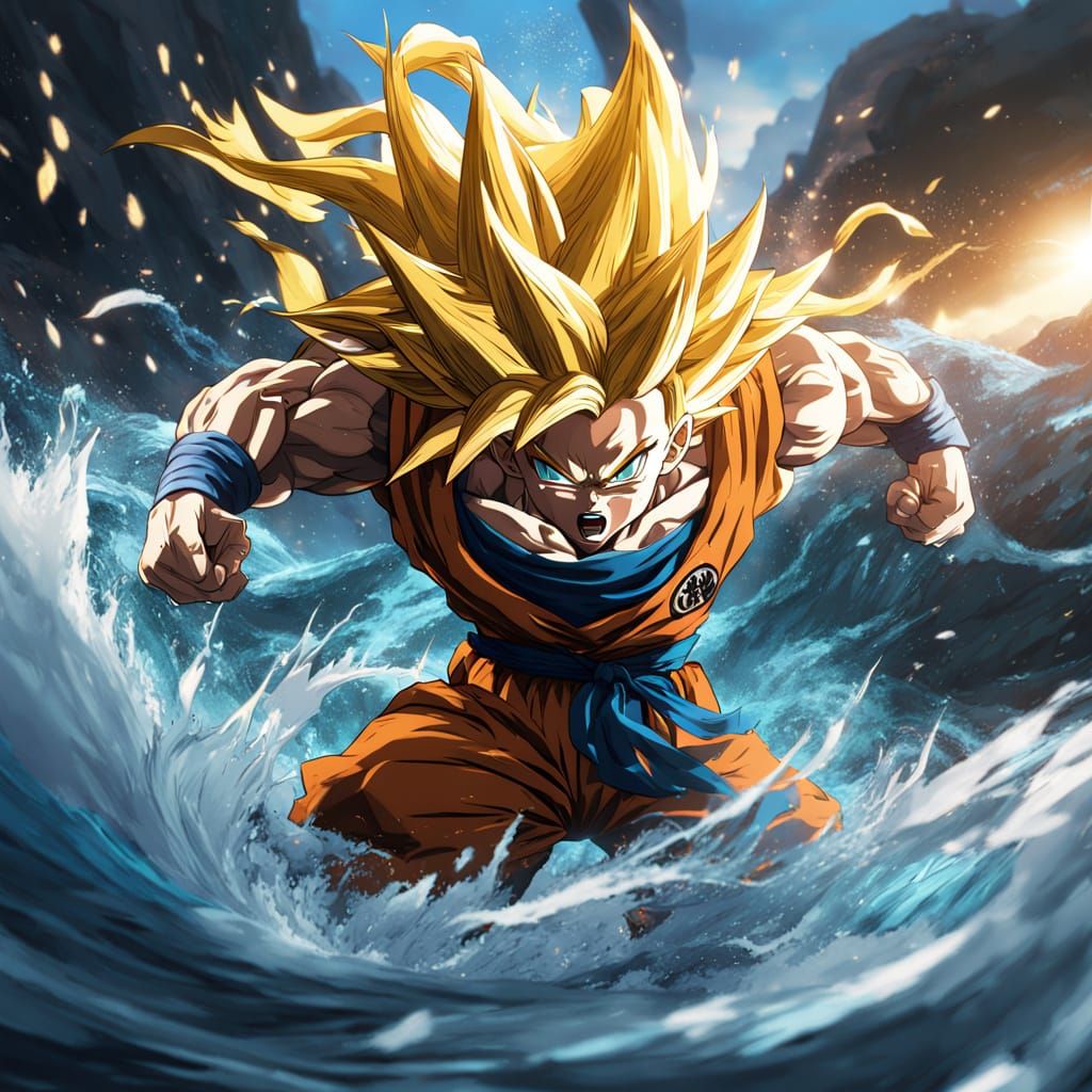 Majestic Goku Battles Colossal Fish in Turbulent Ocean