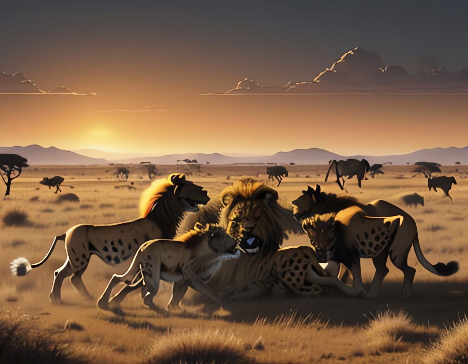 Lion vs Hyenas Serengeti Battle in Wildlife Art