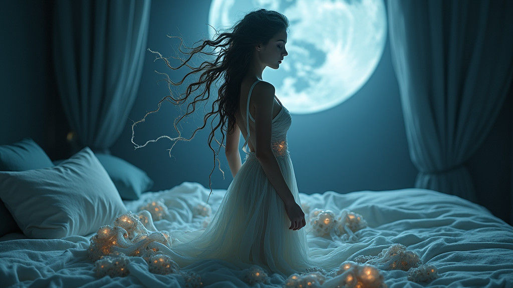 Ethereal Woman in Bioluminescent Tentacle Gown