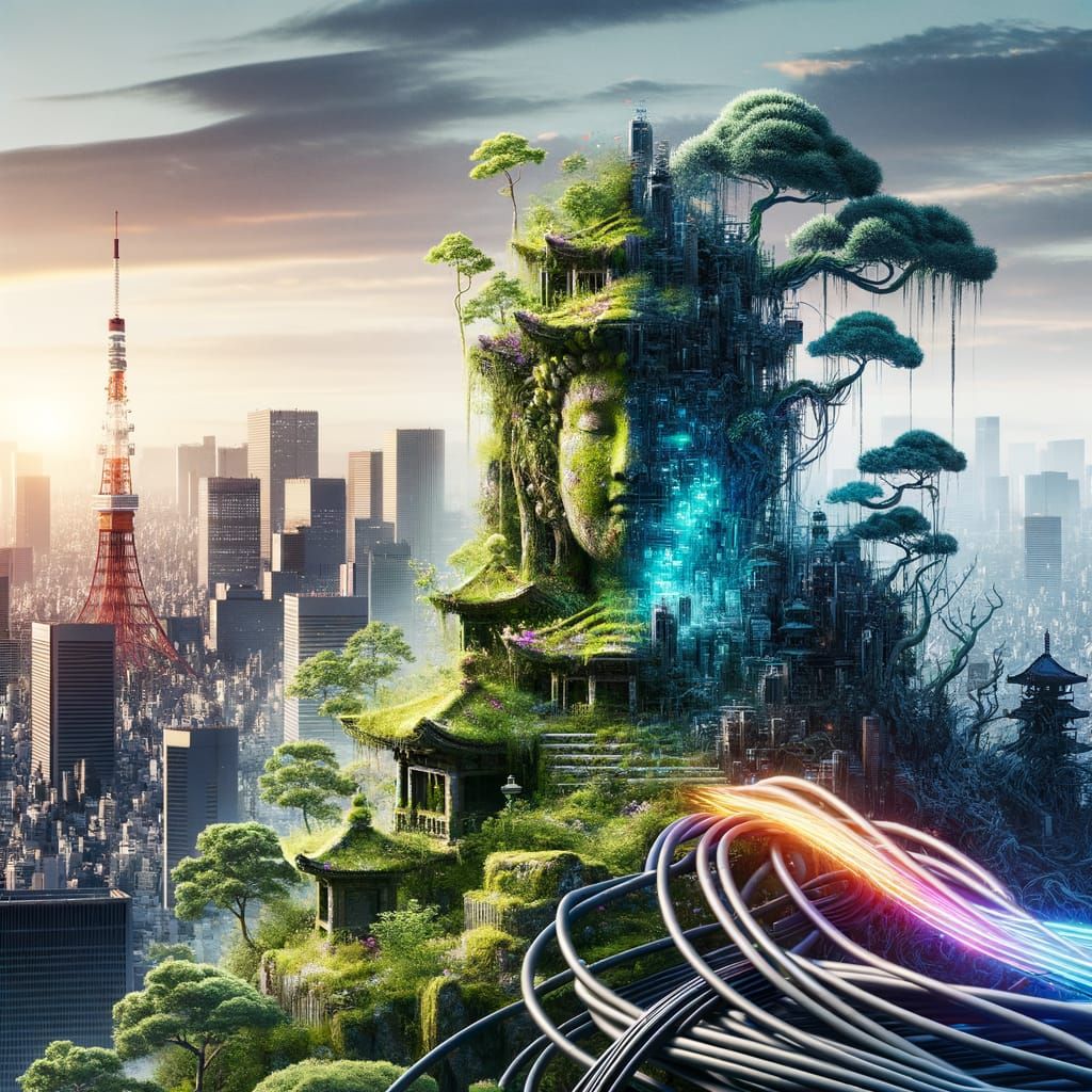 Tokyo Skyline Merges with Jungle Temple, Cyberpunk Style