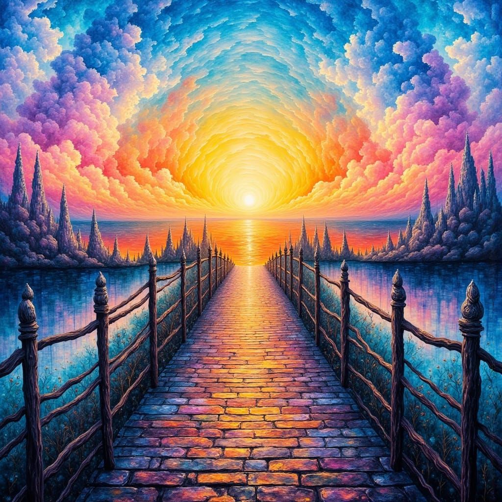 Rainbow Sky Bridge Adventure in Neo-Impressionist Style
