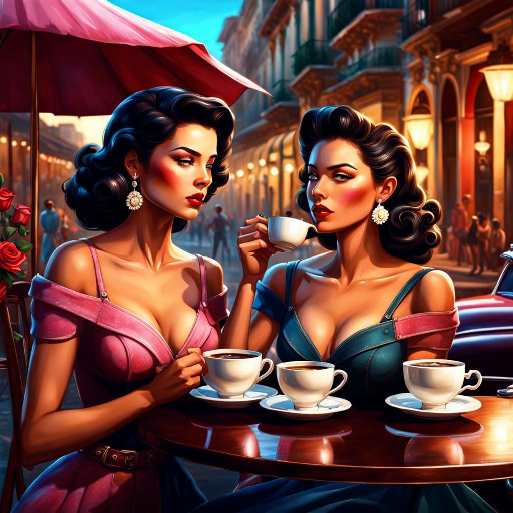 Cuban Sisters Drinking Coffee in 1950s Havana