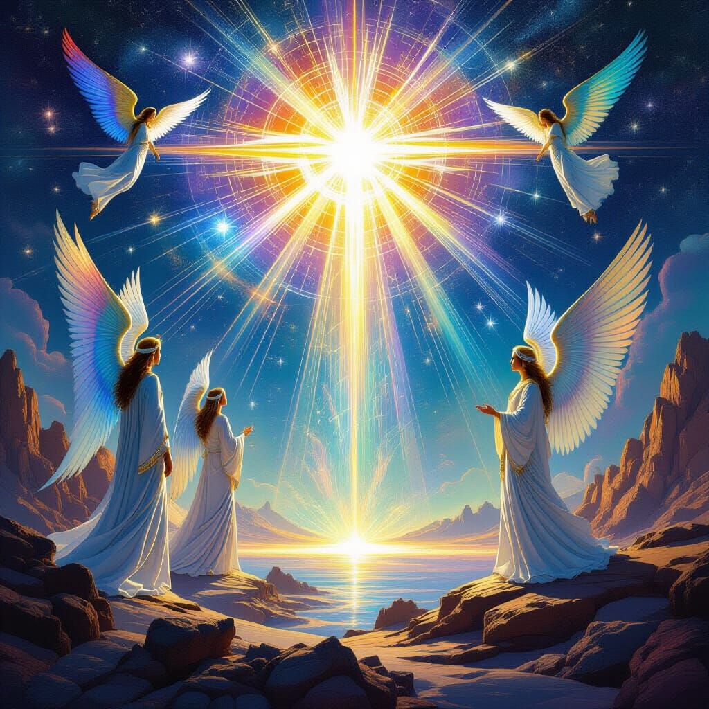 Archangel Michael, Gabriel, Uriel, Raphael in Cosmic Scene